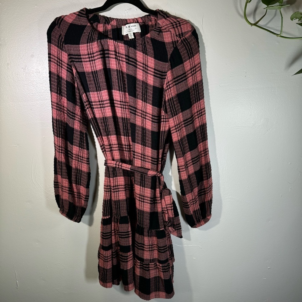 Anthropologie Cloth&Stone Plaid Daia Belted Tier Mini Dress Raglan Long Sleeves - Picture 2 of 16